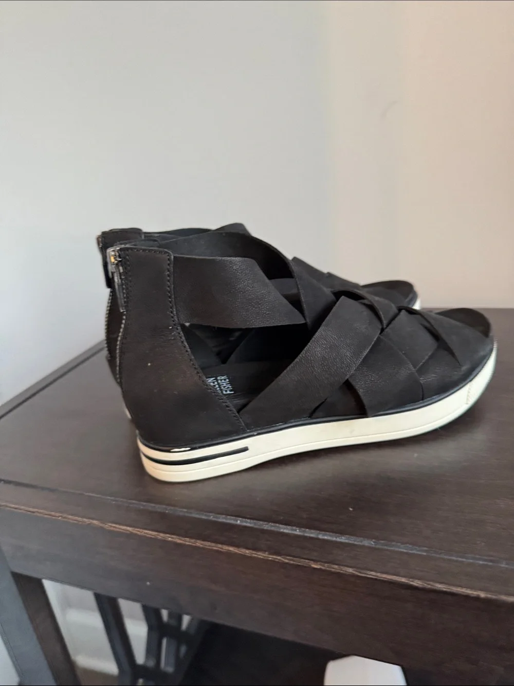 Eileen Fisher Black Woven Wedge Sandal with Cream Platform